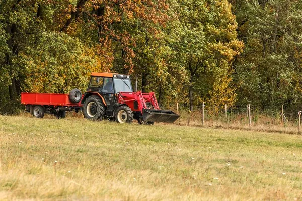 Traktor Merah Dengan Sisi Dekat Hutan Bekerja Sebuah Peternakan Republik — Stok Foto