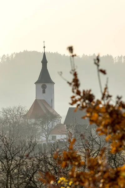 Туманный Осенний День Вид Церковь Деревне Долни Луцкий Чешской Республике — стоковое фото