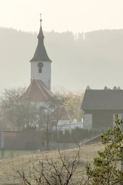 Туманный Осенний День Вид Церковь Деревне Долни Луцкий Чешской Республике — стоковое фото