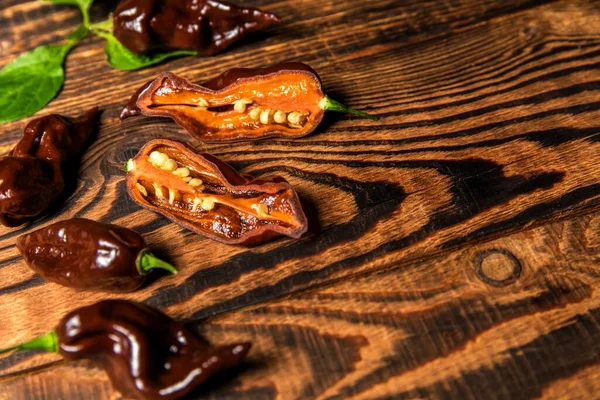 Перец Чили Деревянном Заднем Плане Шоколад Naga Bhut Jolokia Экзотические — стоковое фото