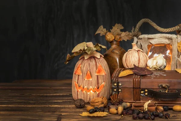Halloween Pumpkin Head Jack Lantern Wooden Background Scary Place Candle — Fotografia de Stock