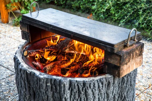 Homemade Concrete Fireplace Grill Grilling Hot Granite Slab Healthy Grilling — Photo