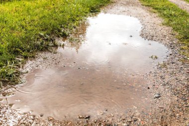 Yağmur üstüne çamur birikintisi. Kırsal kesimde çamurlu bir yol. Islak yol. Çek Cumhuriyeti 'ndeki tarlalar arasındaki çiftçi yolu.