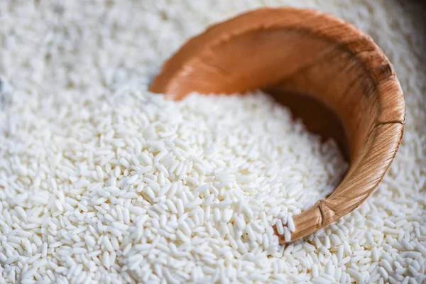 Jasmijn Witte Rijst Met Natuurschaal Zak Oogst Rijst Voedsel Granen — Stockfoto