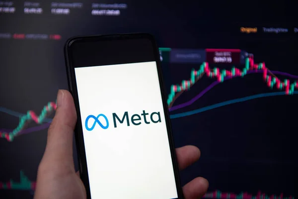 Meta Logo Auf Dem Smartphone Bildschirm Mit Handgriff Und Kryptowährung — Stockfoto