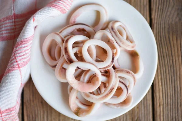 Squid Rings White Plate Fresh Squid Cooked Boiled Food Salad — Stock Fotó