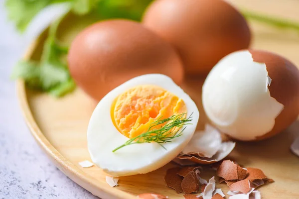 Eieren Ontbijt Vers Geschilde Eieren Menu Voedsel Gekookte Eieren Een — Stockfoto