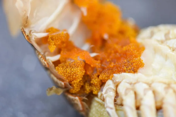虾仁或虾仁龙虾 托比科上的新鲜生鸡蛋 — 图库照片