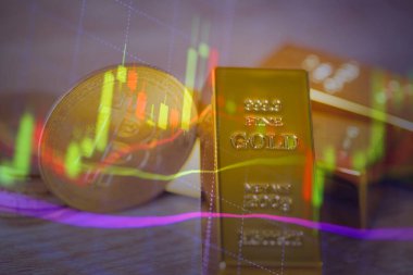 Bitcoin ve Gold ticareti, borsa ticaret geçmişine sahip kumaş üzerinde altın külçeler, altın külçeleri finansal iş ekonomisi kavramları, iş ve finans zenginliği