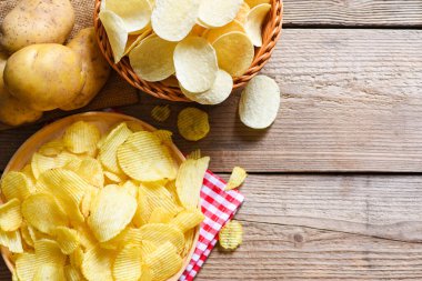 Kase ve tabakta patates cipsi, mutfak masasında patates cipsi ve tahta zeminde taze çiğ patates.