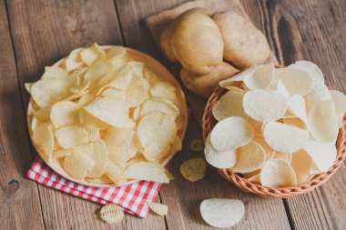 Crispy potato chips on the kitchen table and fresh raw potatoes on wooden background, Potato chips snack on bowl and plate