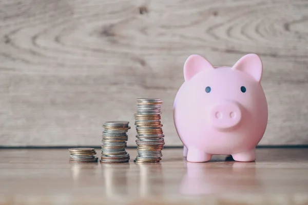 Stack Coins Piggy Bank Wooden Background Pink Piggy Bank Saving — Stockfoto