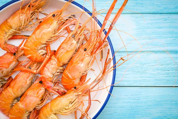 Seafood Plate Fresh Shrimp Cooking White Plate Background Shrimps Prawns — Stock Photo, Image