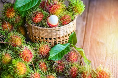 Taze ve olgun rambutan tatlı tropikal meyve yapraklı rambutan, sepet arkaplanındaki Rambutan meyvesi Rambutan ağacı hasadı.