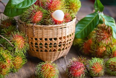Fresh and ripe rambutan sweet tropical fruit peeled rambutan with leaf on basket, rambutan fruit harvest from the garden rambutan tree
