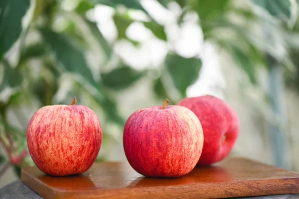 Apple Fruit Wooden Table Nature Green Background Ripe Red Apples — Stock fotografie