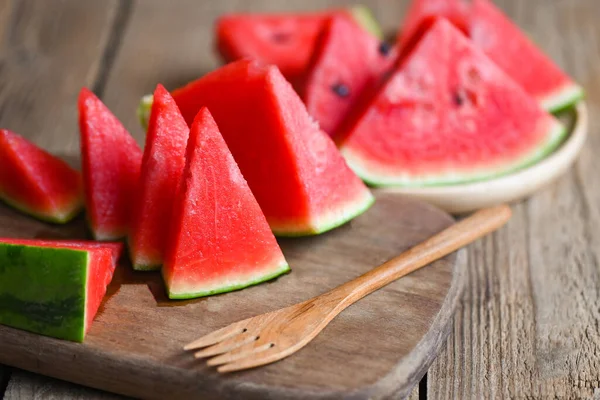 Watermelon Slice Wooden Background Closeup Sweet Watermelon Slices Pieces Fresh — Fotografia de Stock