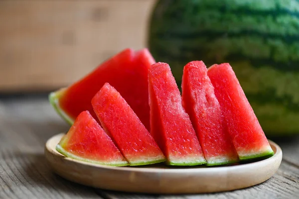 Watermelon Slice Plate Wooden Background Closeup Sweet Watermelon Slices Pieces — Stok fotoğraf