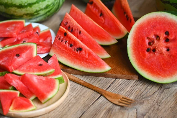 Watermelon Slice Cut Half Wooden Background Closeup Sweet Watermelon Slices — Foto Stock