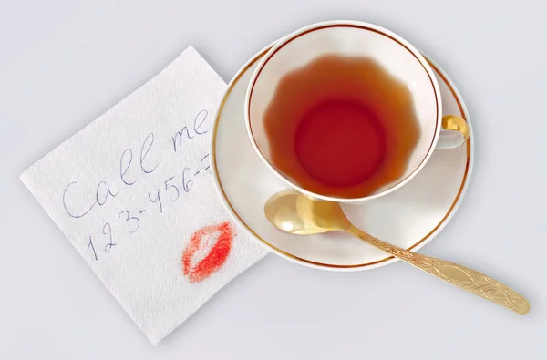 Napkin with phone number and kiss. — Stock Photo, Image