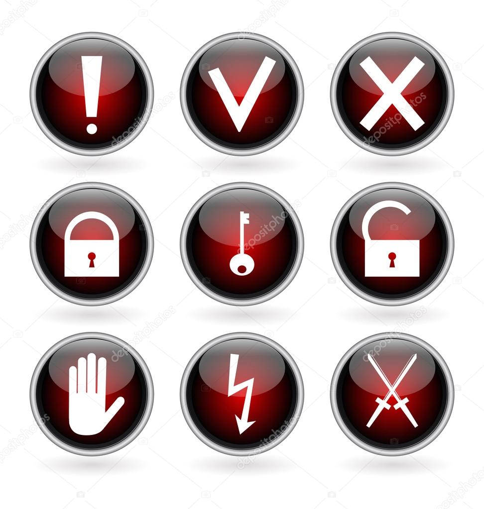 Black and red glossy buttons with security, hazard and warning signs.