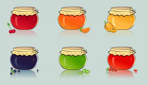 Векторный набор банок с ягодным и фруктовым джемом . — стоковый вектор