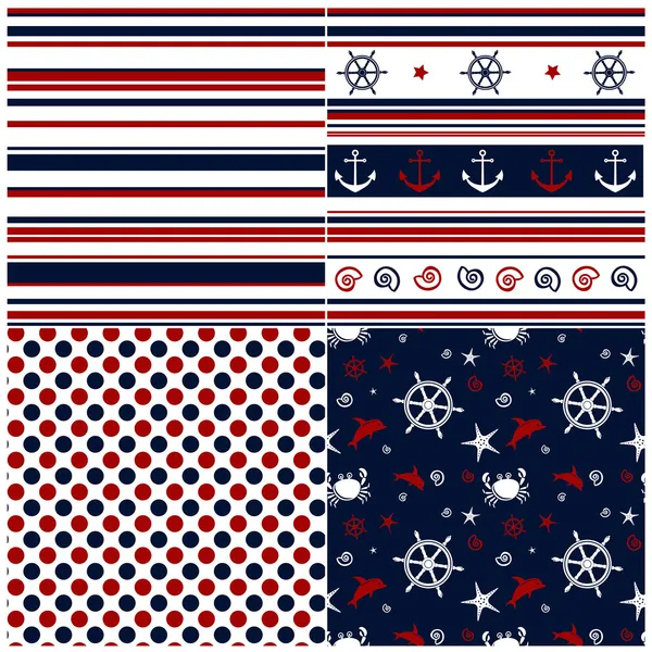 Colección de fondos marinos en azul oscuro, rojo y blanco col — Vector de stock