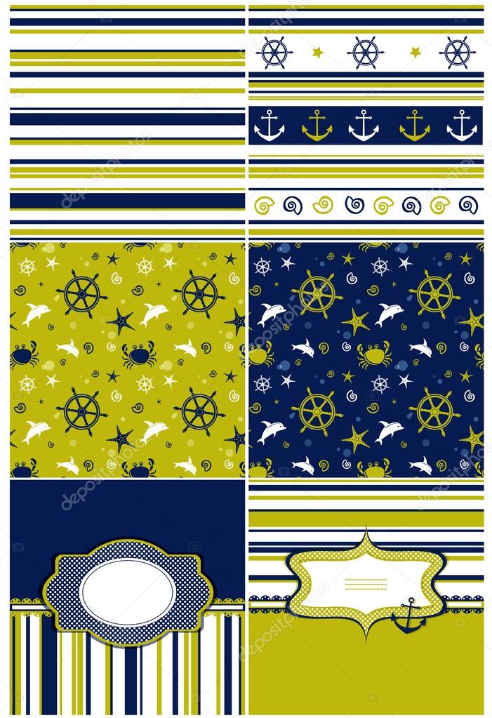 Collection of marine backgrounds in dark blue, yellow and white