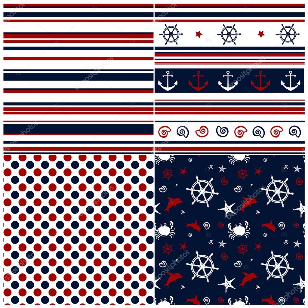 Collection of marine backgrounds in dark blue, red and white col