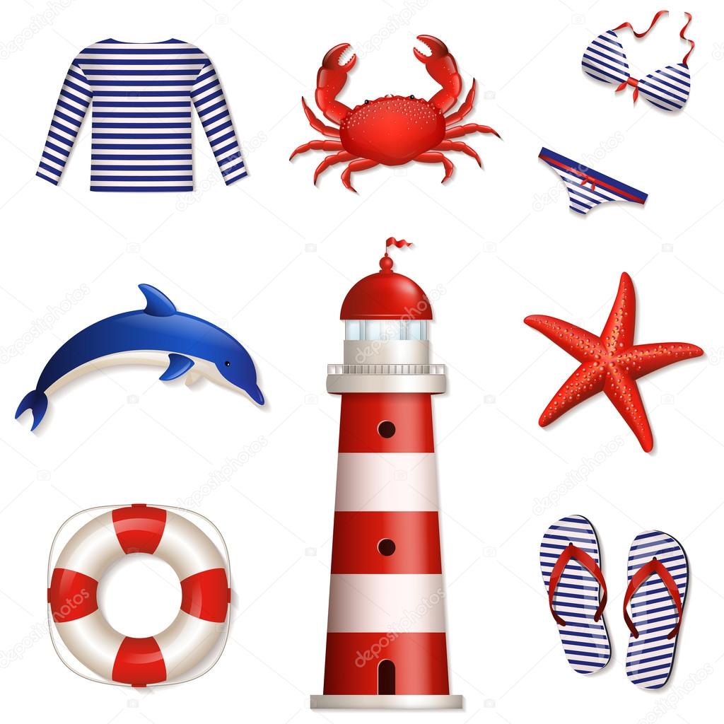 Set of sea and beach icons. Vector illustration.