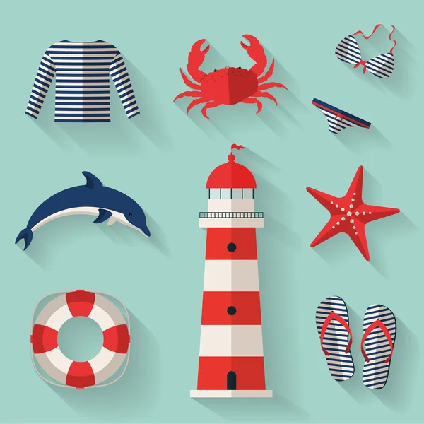 Conjunto de iconos planos de mar y playa. Ilustración vectorial . — Vector de stock