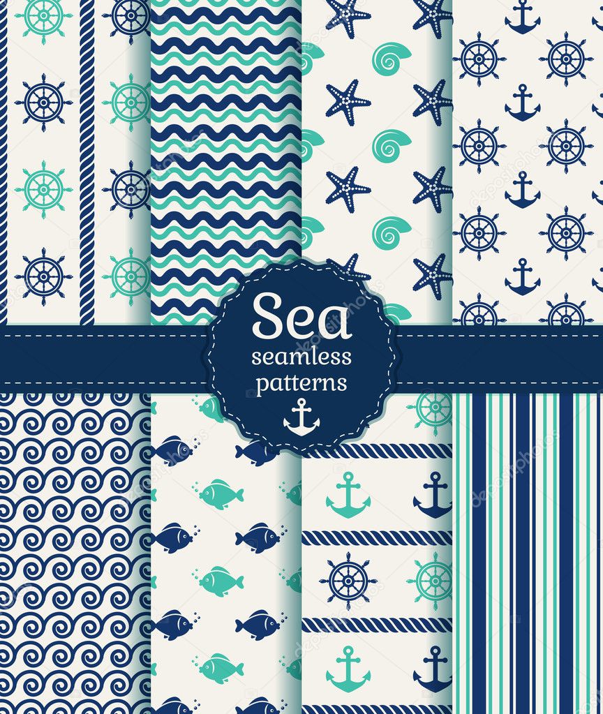 Sea seamless patterns. Vector collection.