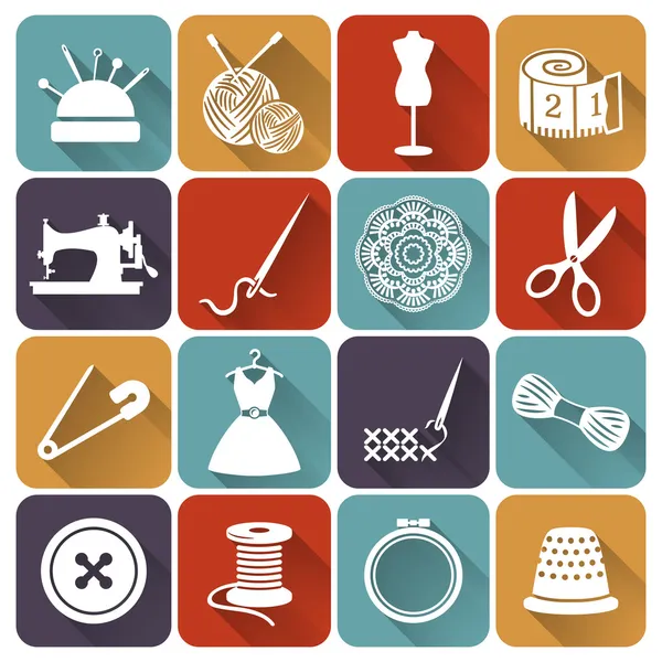 Sewing and needlework flat icons. Vector set. — Stock Vector