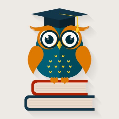 Bilge Baykuş kitap üzerinde oturuyor. vektör çizim. 