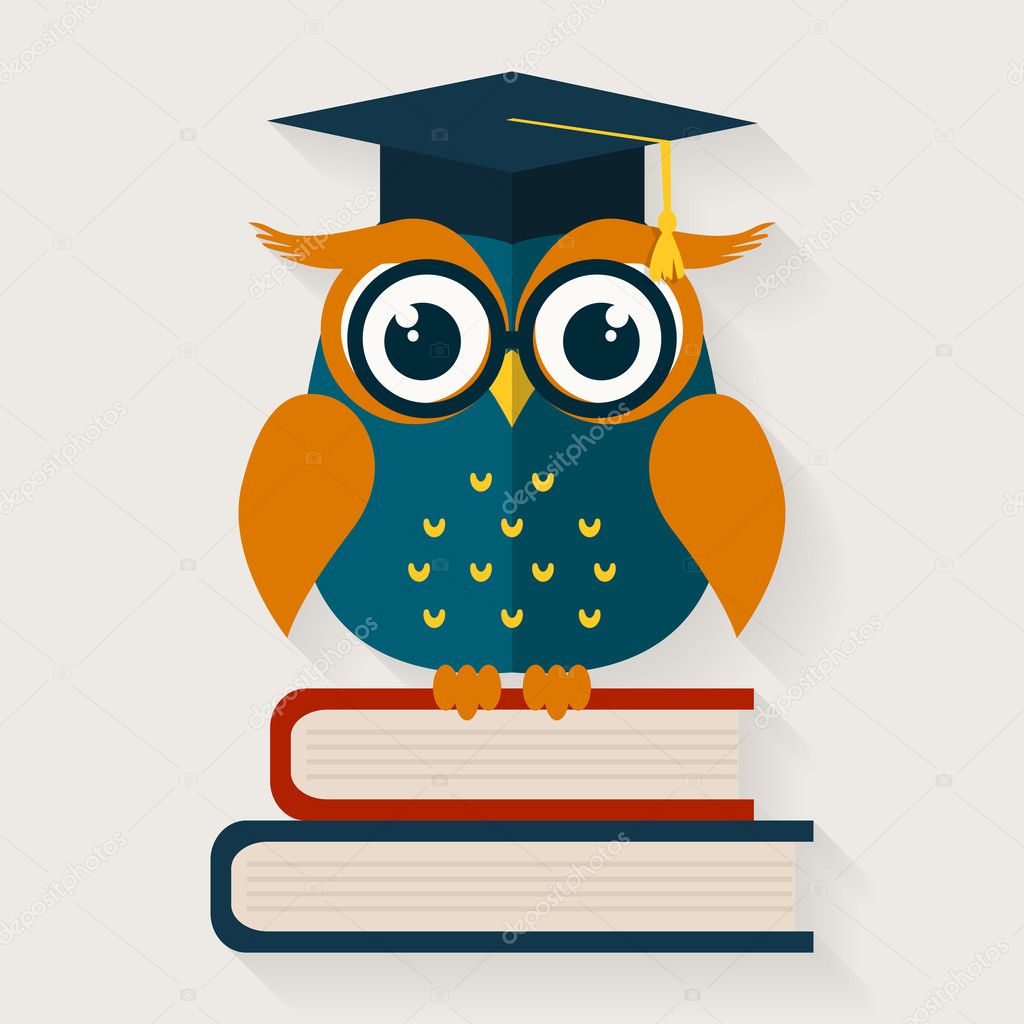 Wise owl sitting on the books. Vector illustration. 