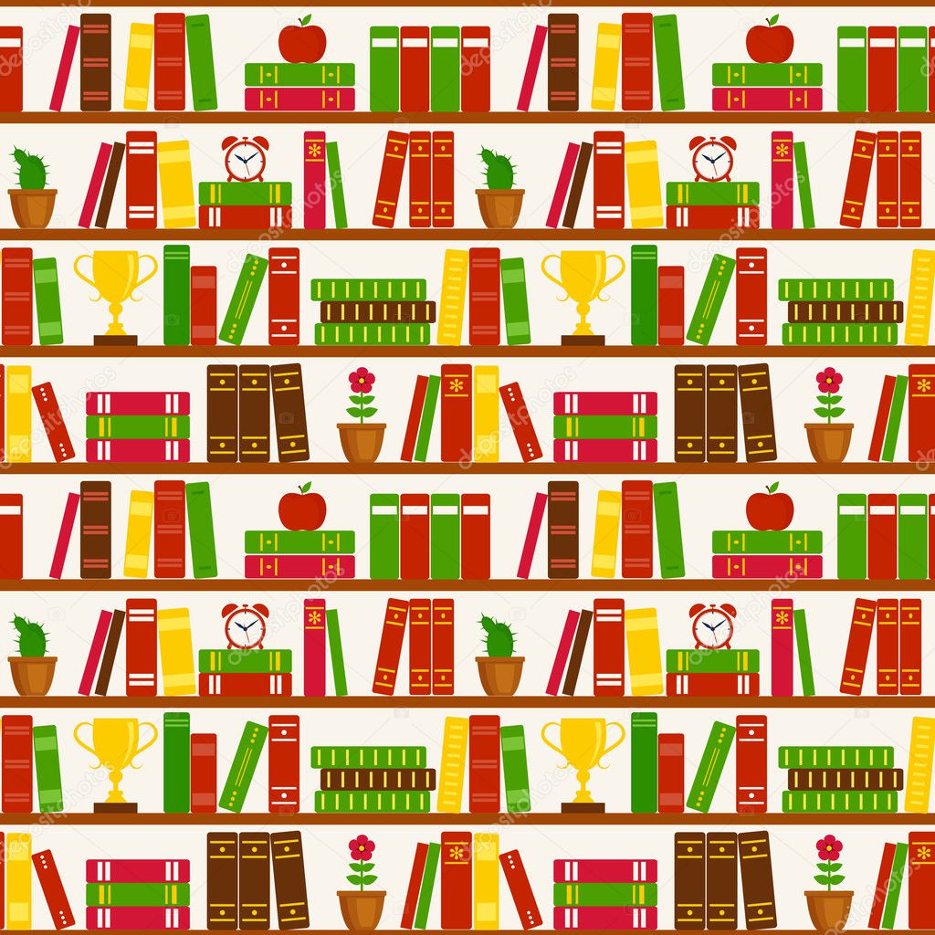 Seamless background with bookshelves. Vector pattern.