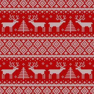 Geyik ve ağaçlarla örülmüş pürüzsüz desen. Noel, yeni yıl ya da kış tasarımı için kırmızı ve beyaz süveter. İskandinav vektör süslemesi. 