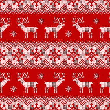 Geyikler, kar taneleri ve İskandinav aksesuarlarıyla örülmüş kusursuz desenler. Noel, yeni yıl ya da kış tasarımı için kırmızı ve beyaz süveter. Vektör illüstrasyonu.