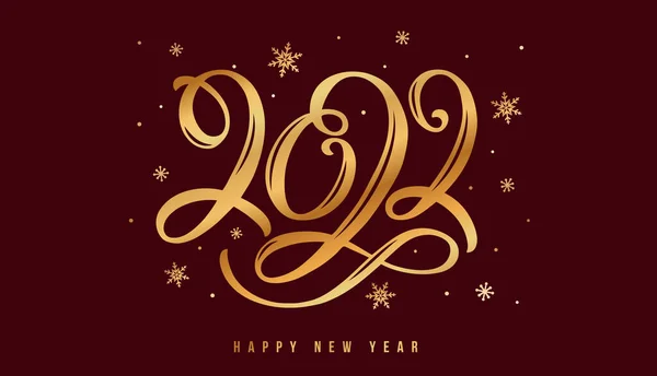 祝你新年快乐 用手书写上2022年 水平横幅 金色手写体和雪花 矢量说明 — 图库矢量图片