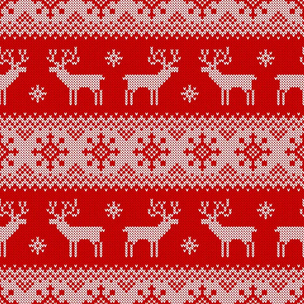 Geyikler, kar taneleri ve İskandinav aksesuarlarıyla örülmüş kusursuz desenler. Noel, yeni yıl ya da kış tasarımı için kırmızı ve beyaz süveter. Vektör illüstrasyonu.