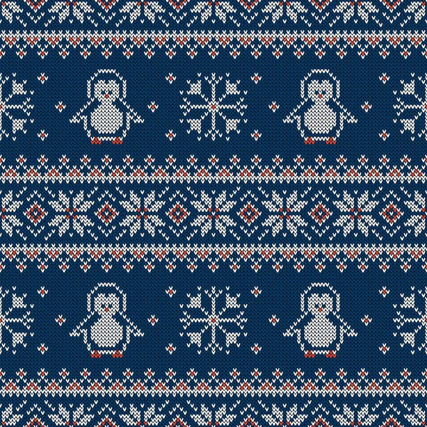 Knitted Seamless Pattern Penguins Snowflakes Scandinavian Ornament Winter Sweater Background — Stock Vector