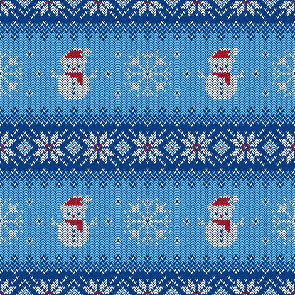 Knitted Seamless Pattern Snowman Snowflakes Scandinavian Ornament Sweater Background Christmas — Stock Vector