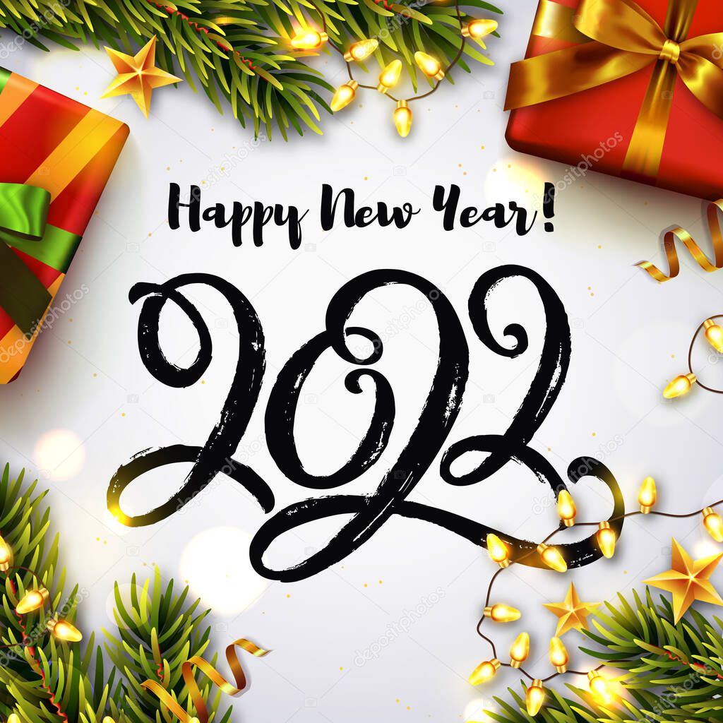 Happy New Year 2022 greeting card! Vector illustration with hand drawn paintbrush lettering 2022, Christmas tree branches, gift boxes, and luminous garlands. Top view.