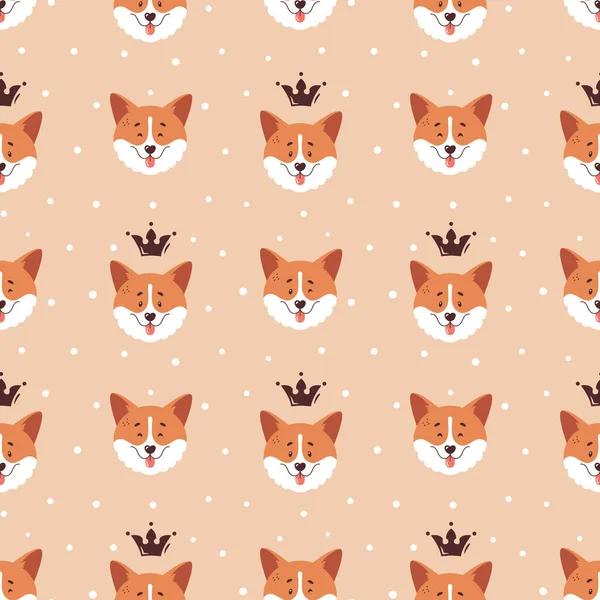 Corgi Seamless Pattern Cute Happy Welsh Corgi Faces Crowns Polka Vector Graphics