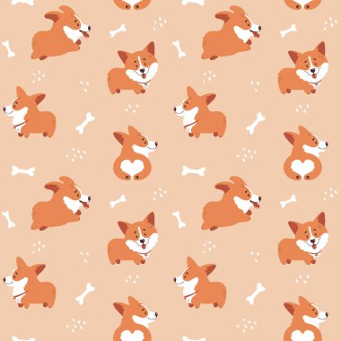 Corgi kusursuz desen. Kemikleri ve el dokuları çizilmiş şirin ve mutlu corgi yavruları. Komik köpek karakterleri. Vektör arkaplanı.