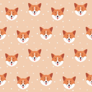 Corgi kusursuz desen. Şirin gülen korgi yüzleri ve puantiyeli arka plan. Mutlu köpek karakterleri. Vektör illüstrasyonu.