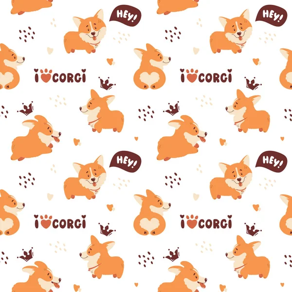 Corgi Seamless Pattern Cute Happy Welsh Corgi Puppies Hand Drawing Stock Vector