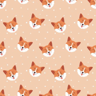 Corgi kusursuz desen. Şirin gülen korgi yüzleri ve puantiyeli arka plan. Mutlu köpek karakterleri. Vektör illüstrasyonu.