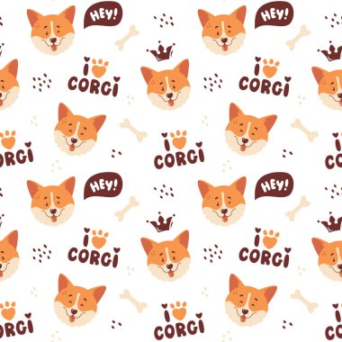Corgi kusursuz desen. Şirin gülümseyen Galli Corgi yüzleri ve el çizimleri. Mutlu köpek karakterleri. Moda vektör arkaplanı.