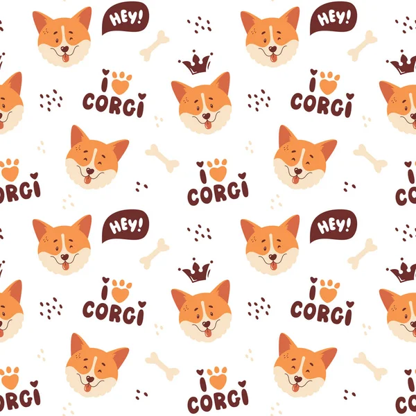 Corgi Seamless Pattern Cute Smiling Welsh Corgi Faces Hand Drawing Stock Illustration